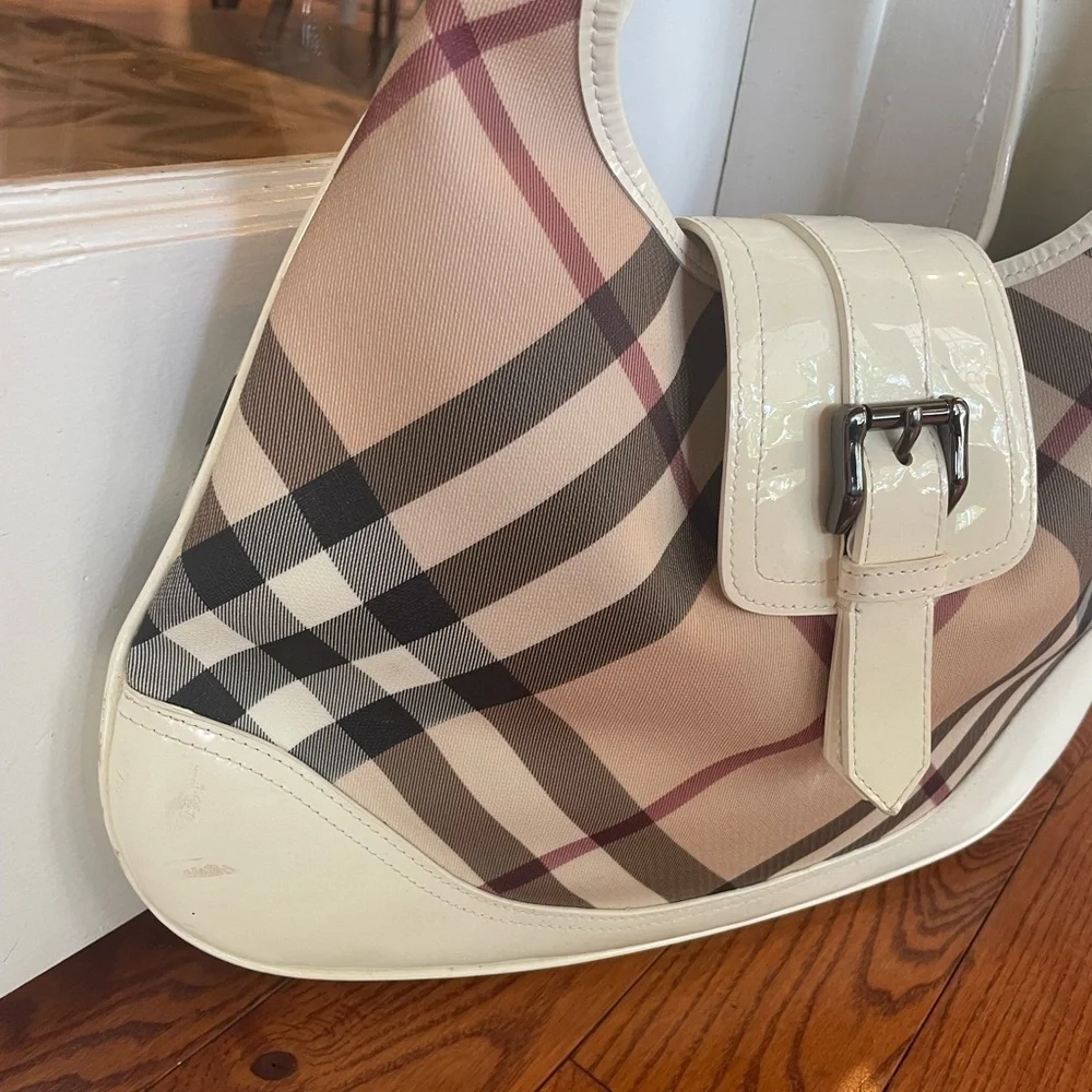 Burberry Cream and Tan Plaid Hobo Bag